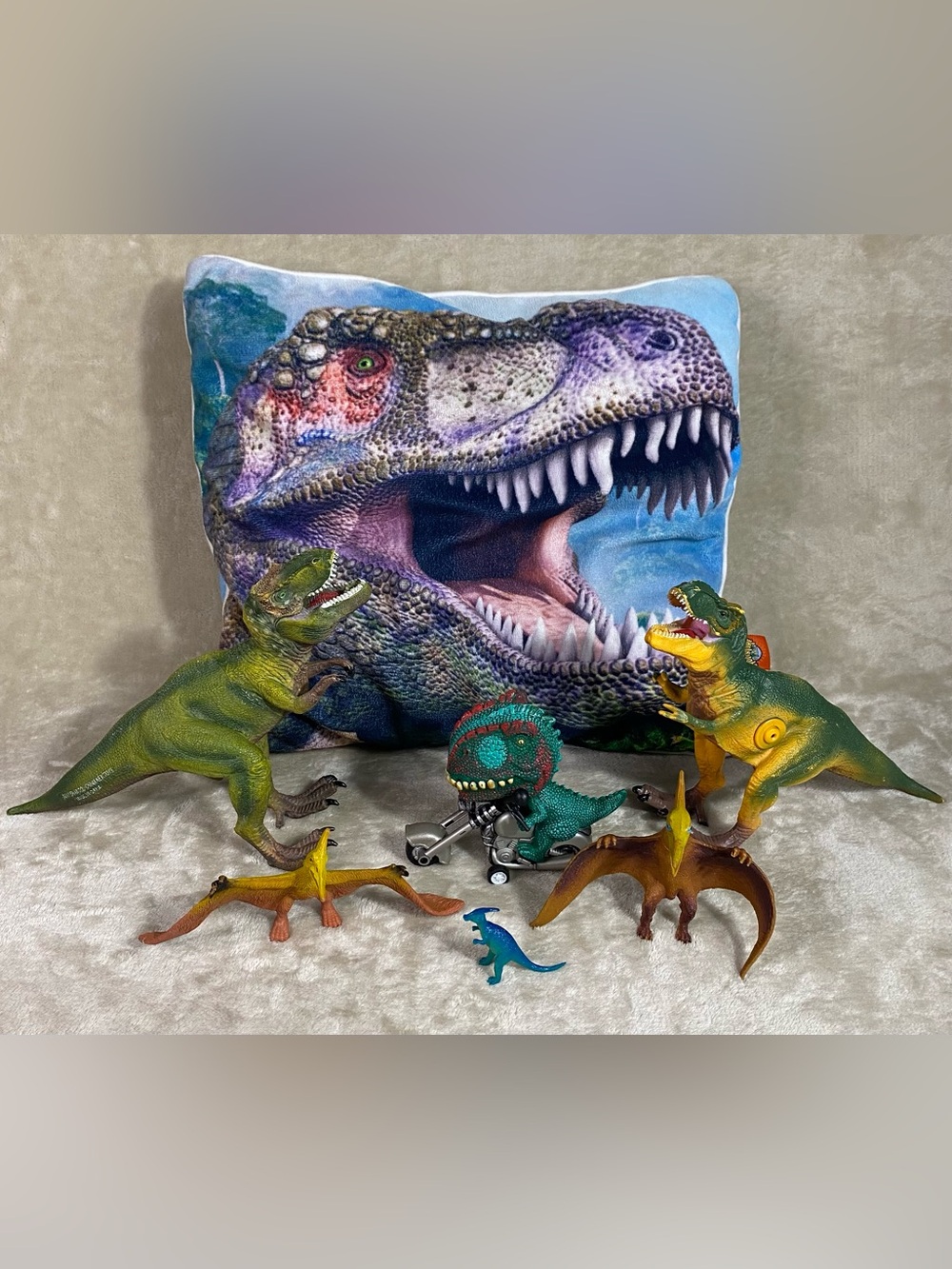 Dinosaurs Bundle 6 Figures Toys and a Pillow 1 Dinosaur With Sound